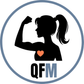 Silhouette of a woman flexing her arm with a heart on her chest and 'QFM' letters, inside a blue circle.