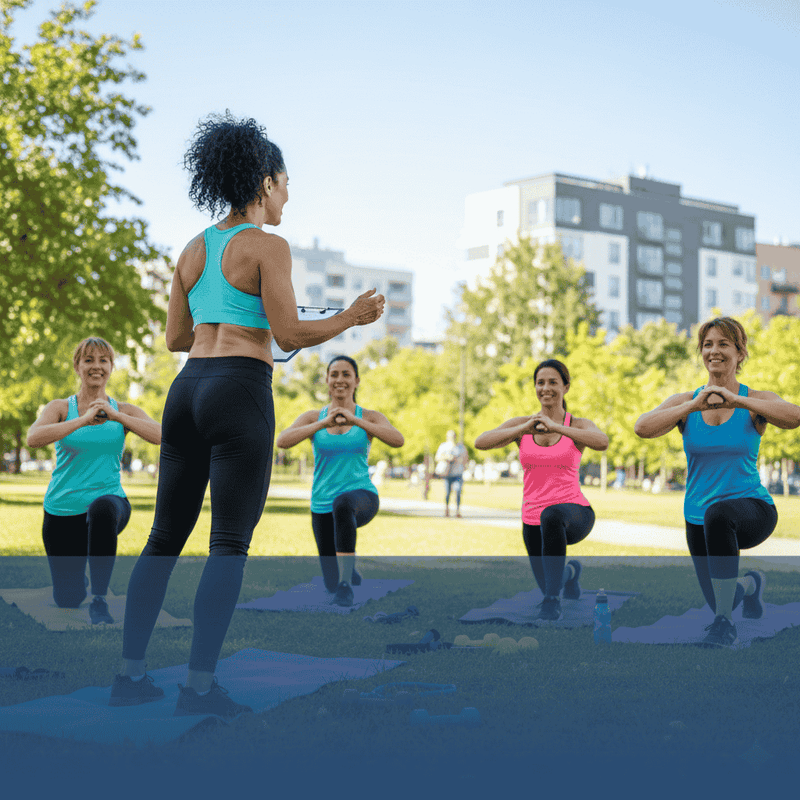 Group of women exercising outdoors in a park with buildings in the background