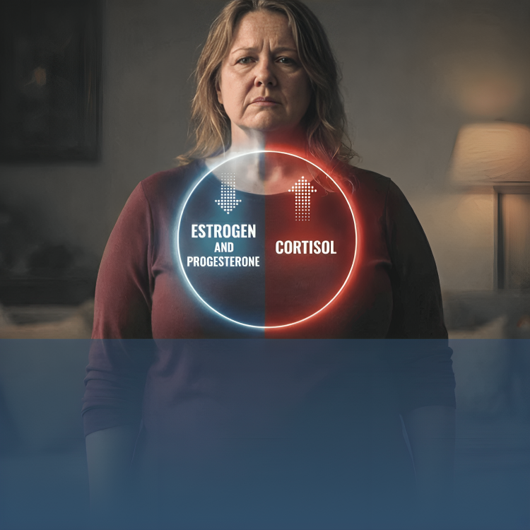 Woman with a circular graphic showing 'Estrogen and Progesterone' DOWN and 'Cortisol' UP