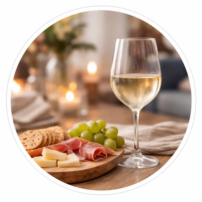 Glass of white wine on a table with a charcuterie board featuring cheese, meat, and grapes.