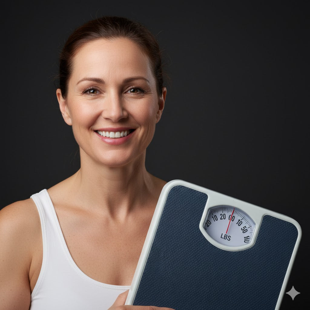 Woman holding a digital weight scale against a black background