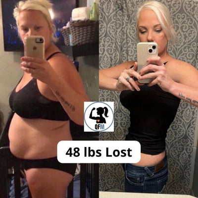 Before and after weight loss transformation of a person with '48 lbs Lost' text and QFM logo.