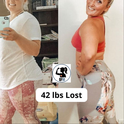 Before and after transformation of a woman with text '42 lbs Lost' and QFM logo.