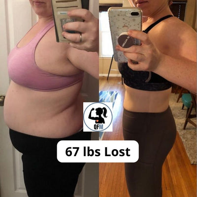Before and after weight loss transformation showing a person in a pink sports bra and black leggings on the left, and a black sports bra and black leggings on the right with a '67 lbs Lost' label.