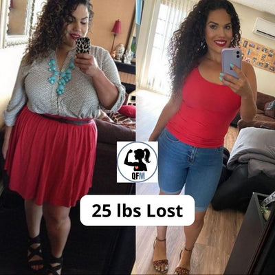 Before and after weight loss transformation of a woman, with '25 lbs Lost' text and QFM logo.