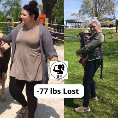 Before and after comparison of a person with a weight loss transformation, showing a decrease of 77 lbs.