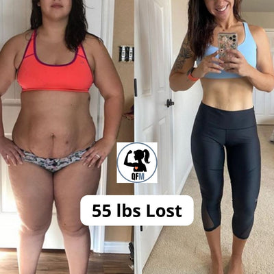 Before and after weight loss transformation of a woman, with a '55 lbs Lost' label and QFM logo.