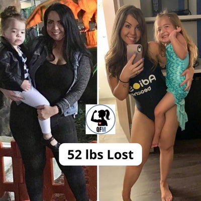 Two women with a child, one with '52 lbs Lost' text and a fitness logo, in a casual setting.