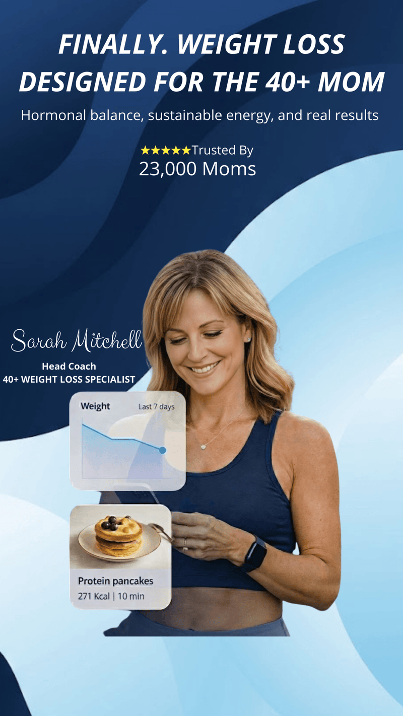 Advertisement for weight loss program designed for 40+ moms, featuring a woman holding a tablet with health data.