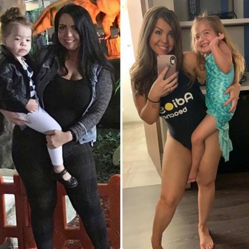 Two images of a woman with a child; one outdoors, one indoors.