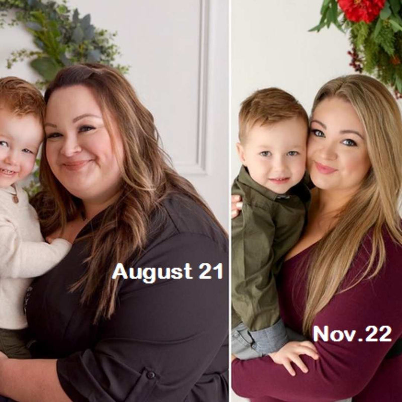 Two side-by-side images of women with children, labeled with dates August 21 and Nov. 22.
