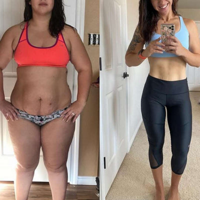 Before and after transformation of a person in athletic wear.