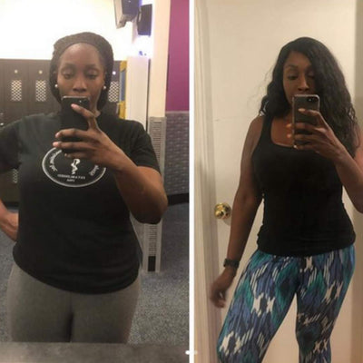 Two images of a person taking a mirror selfie, one wearing a black t-shirt and gray pants, the other in a black tank top and patterned leggings.