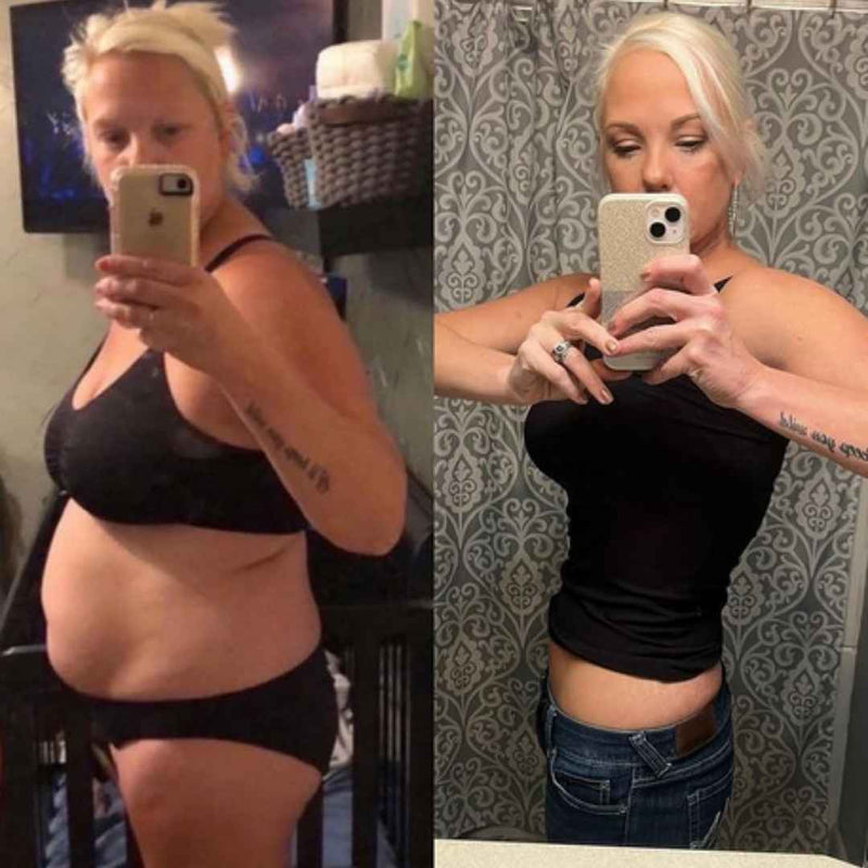 Before and after weight loss transformation of a person taking mirror selfies.