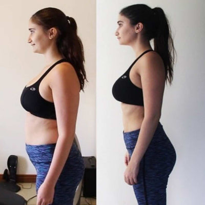 Side-by-side comparison of a woman's profile with and without a black sports bra and blue leggings.