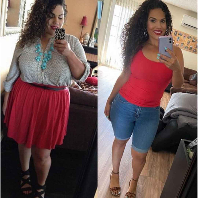 Two images of a woman taking selfies in different outfits in a living room setting.