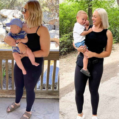 Side-by-side comparison of a woman holding a child outdoors.