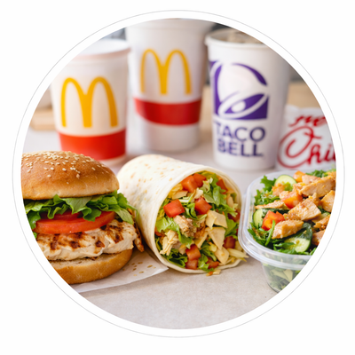Fast food items including a burger, burrito, and salad with branded cups in the background.